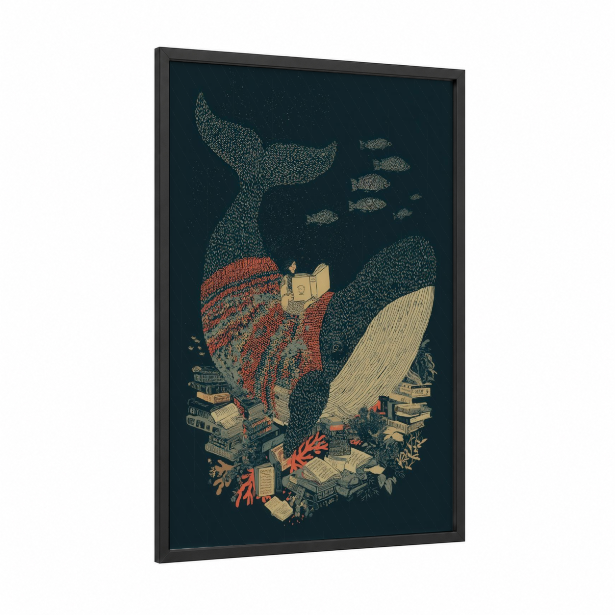 Literary Whale framed sperm whale print — black wood frame — dark blue and cream palette