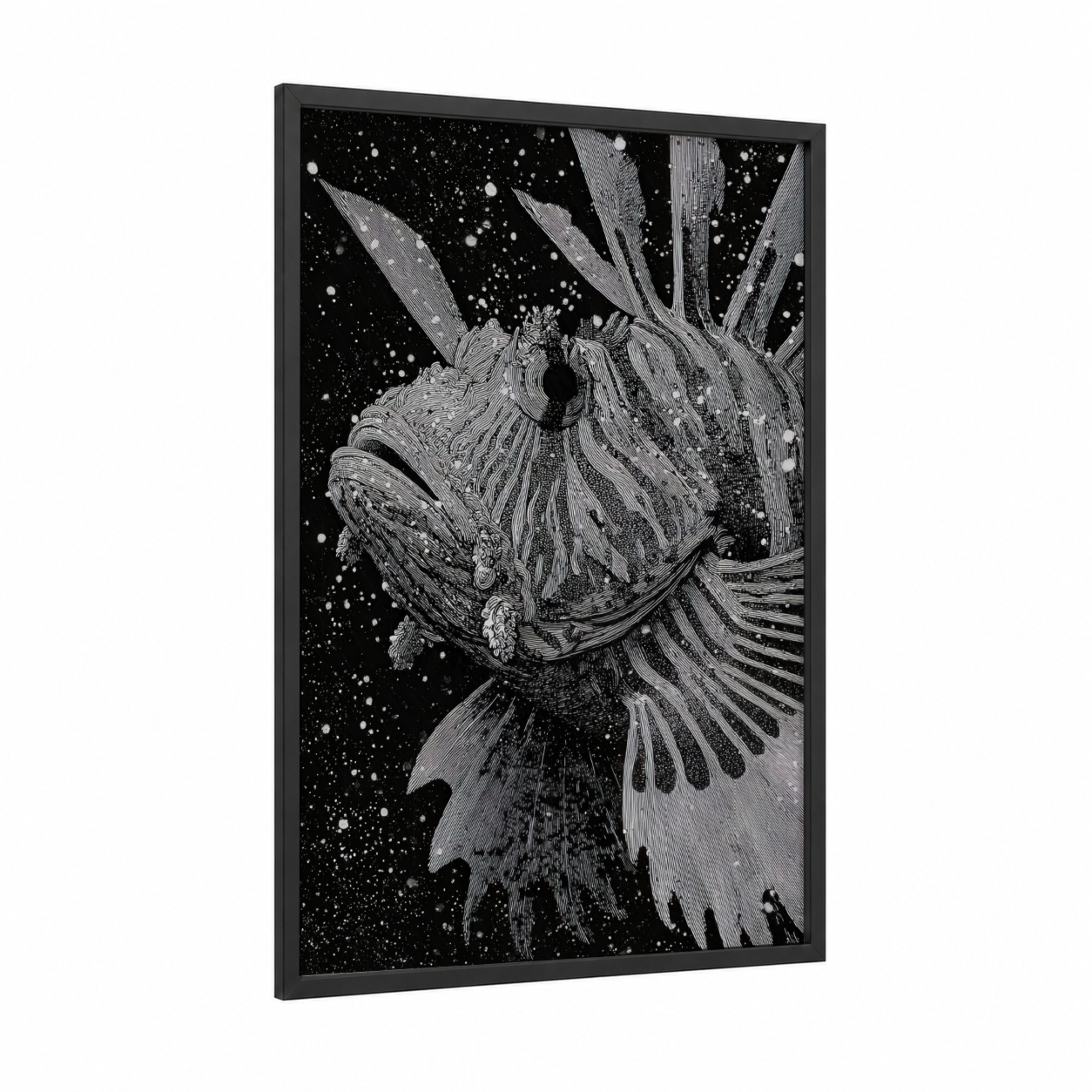 Cosmic Lionfish framed art print — black wood frame — black and white palette