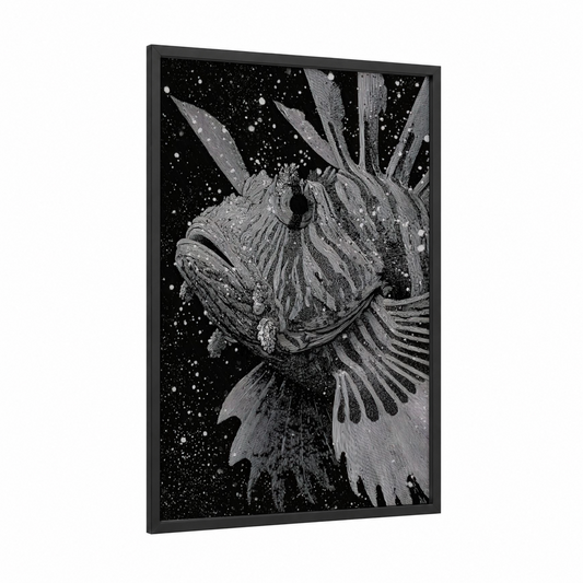 Cosmic Lionfish framed art print — black wood frame — black and white palette