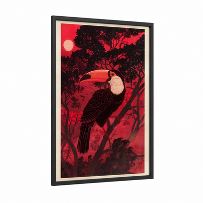 Crimson Toucan framed art print — black wood frame — red and black palette
