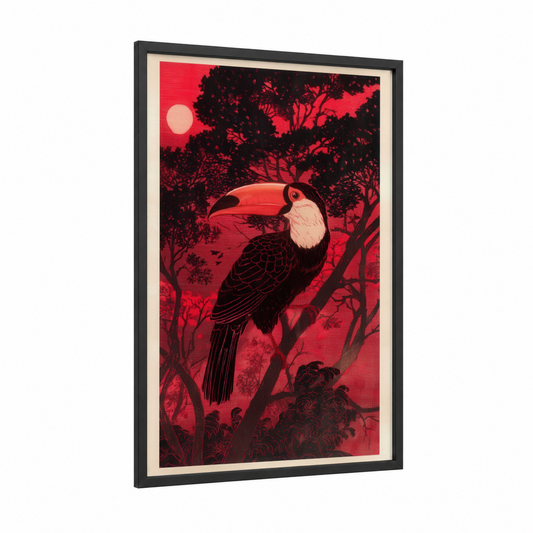 Crimson Toucan framed art print — black wood frame — red and black palette