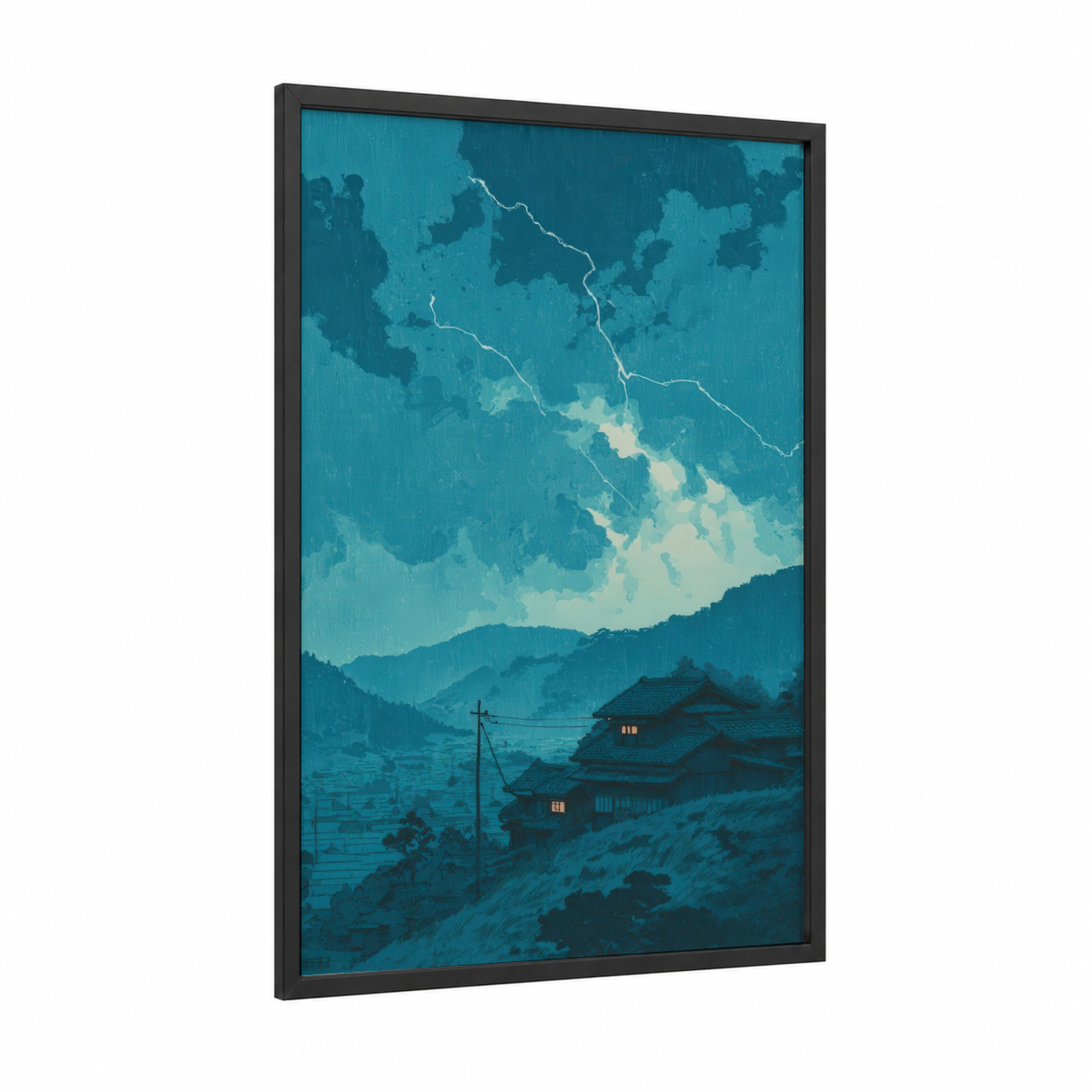 Stormy Mountain Village framed lightning print — black wood frame — teal and dark blue palette