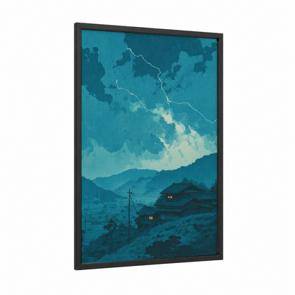 Stormy Mountain Village framed lightning print — black wood frame — teal and dark blue palette