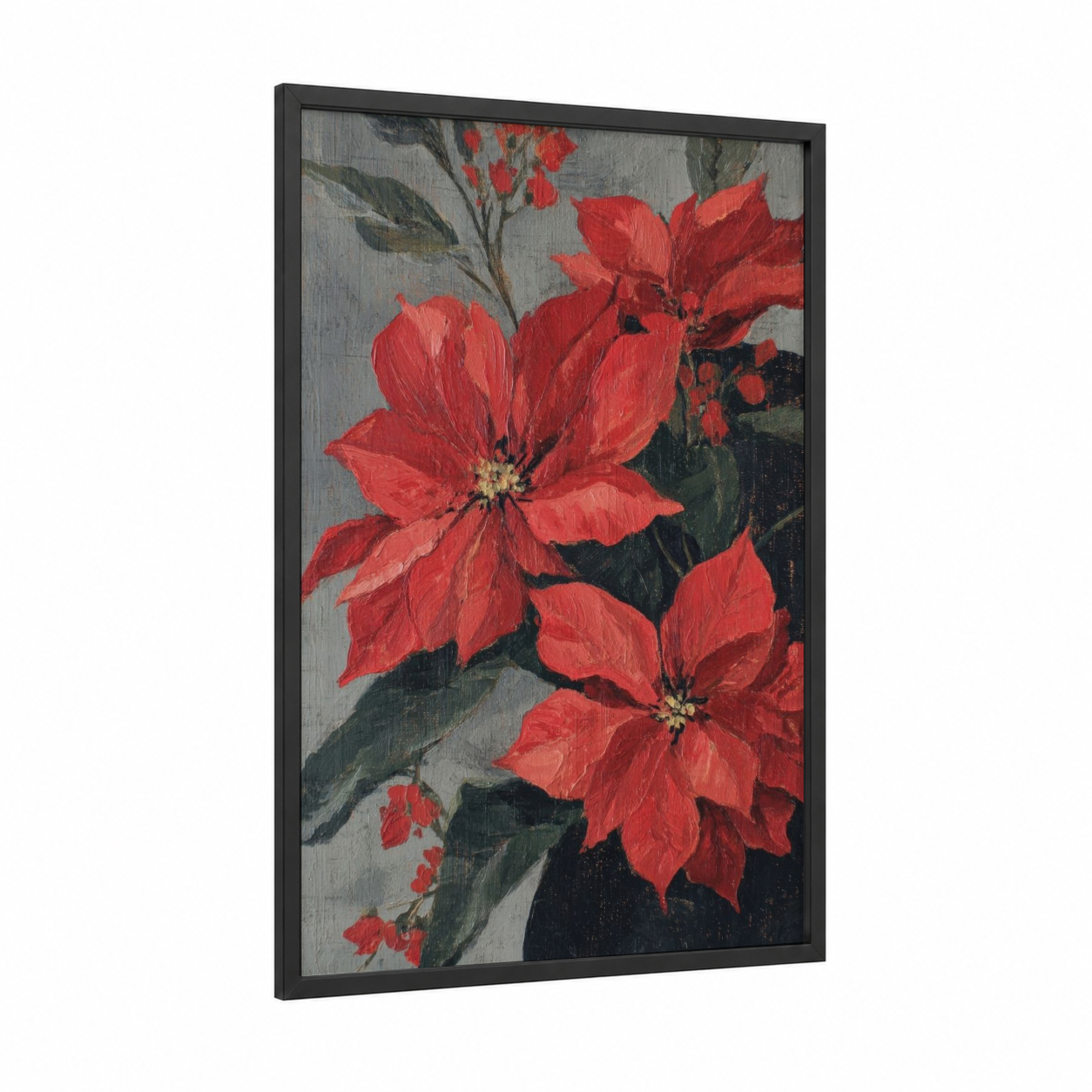 Crimson Poinsettias framed art print — black wood frame — red and gray palette