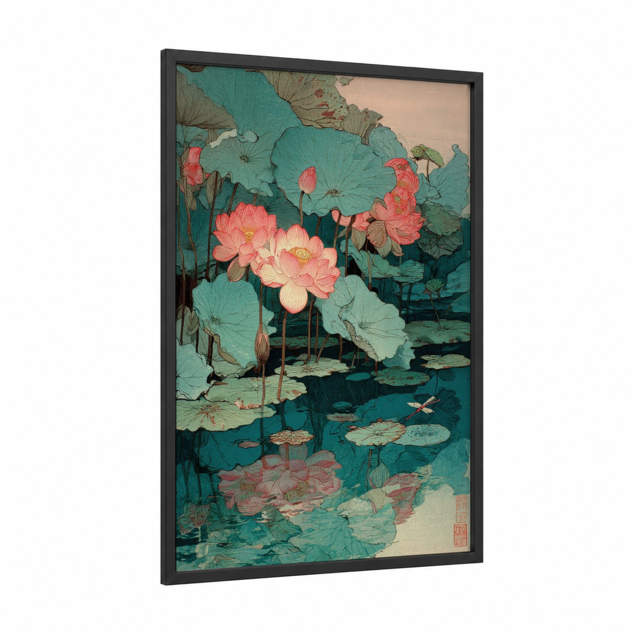 Pink Lotus Garden framed art print — black wood frame — teal and pink palette