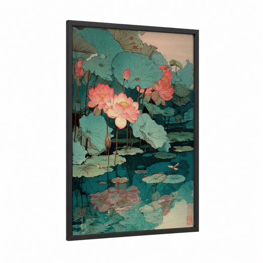 Pink Lotus Garden framed art print — black wood frame — teal and pink palette