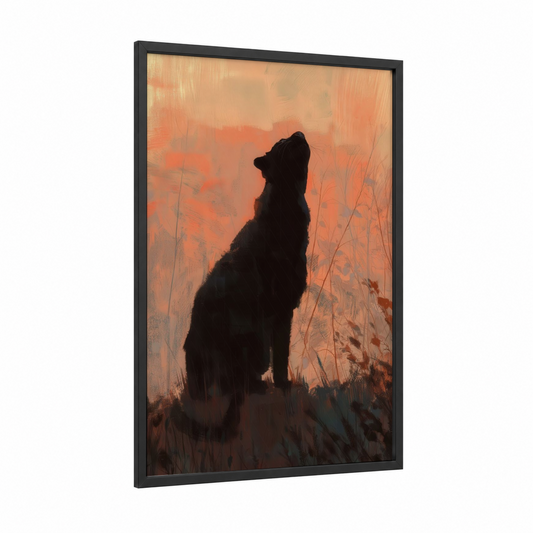 Sunset Panther framed art print — black wood frame — orange and black palette