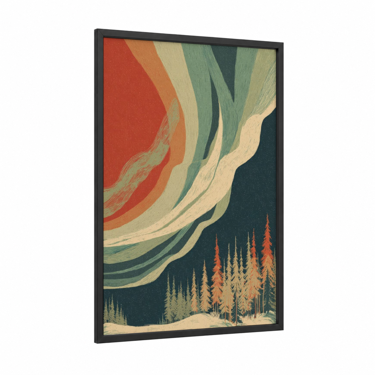 Aurora Borealis framed northern lights print — black wood frame — sage green and red palette
