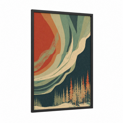 Aurora Borealis framed northern lights print — black wood frame — sage green and red palette