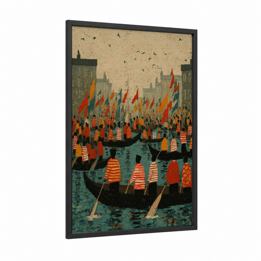 Venice Regatta framed gondola print — black wood frame — red and teal palette