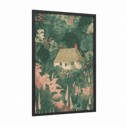 Garden Cottage Hideaway framed art print — black wood frame — green and salmon pink palette