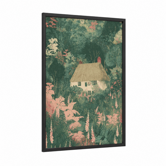 Garden Cottage Hideaway framed art print — black wood frame — green and salmon pink palette