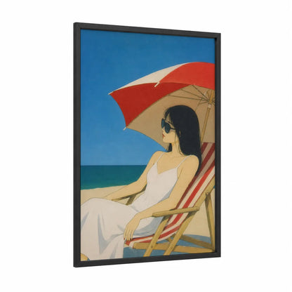 Beach Relaxation Scene Wall Art framed art print — black wood frame — blue and red palette