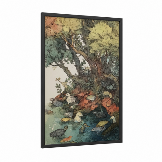 Riverside Mangrove framed art print — black wood frame — sage green and russet palette