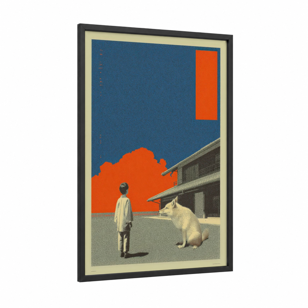 Surreal Boy Wolf framed japanese y2k print — black wood frame — blue and orange palette
