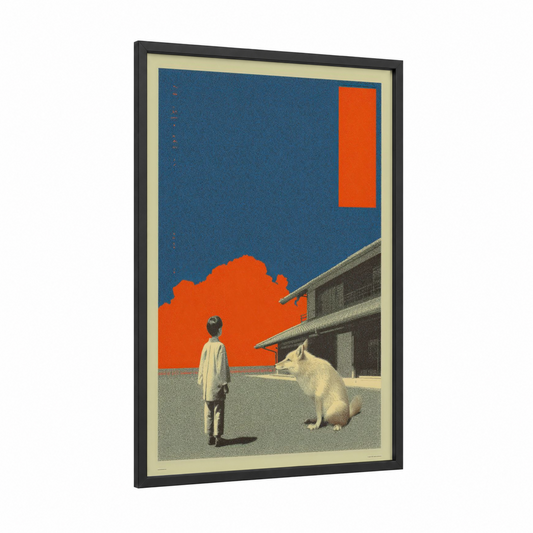 Surreal Boy Wolf framed japanese y2k print — black wood frame — blue and orange palette