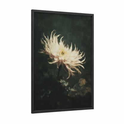 Ethereal Anemone framed sea anemone print — black wood frame — white and dark green palette