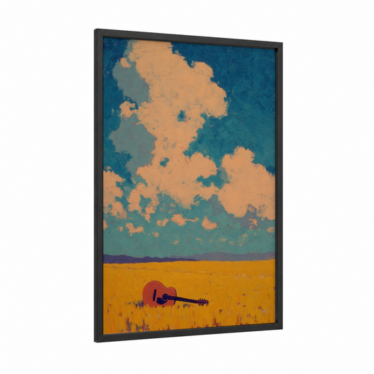 Golden Field Guitar framed acoustic guitar print — black wood frame — gold and teal palette