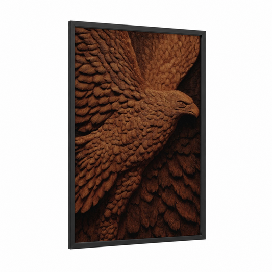 Soaring Eagle framed woodcarving print — black wood frame — brown and gold palette