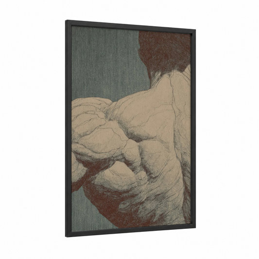 Muscular Strength framed bodybuilding print — black wood frame — sage green and russet palette