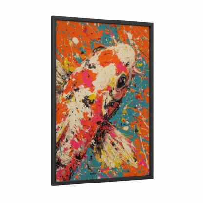 Vibrant Koi Fish framed art print — black wood frame — orange and teal palette