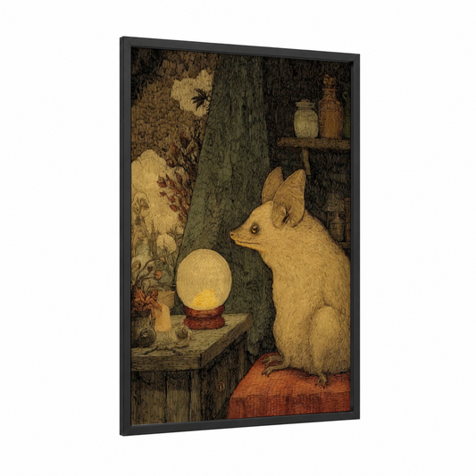 Mystical Bat framed art print — black wood frame — gold and sage green palette