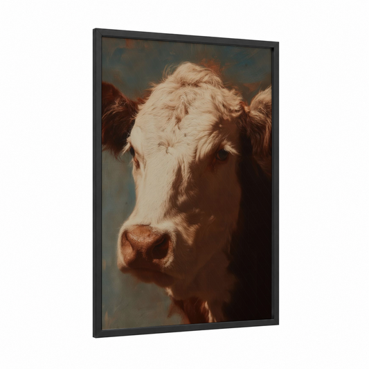 Rustic Angus Portrait framed angus cow print — black wood frame — russet and cream palette