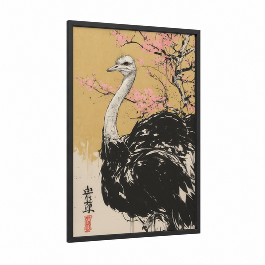Blossom Ostrich framed art print — black wood frame — gold and black and white palette