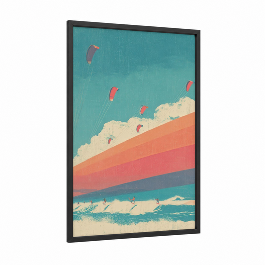 Coastal Kite Surfing framed art print — black wood frame — teal and salmon pink palette