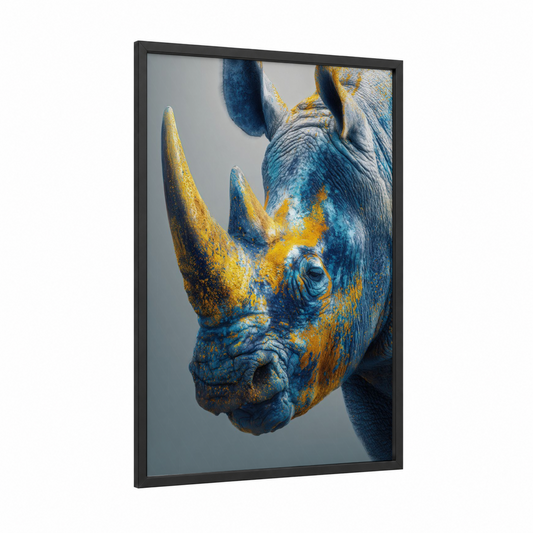 Golden Rhino framed art print — black wood frame — dark blue and gold palette