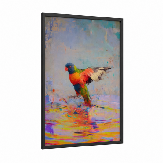 Colorful Lorikeet framed rainbow lorikeet print — black wood frame — orange and blue palette