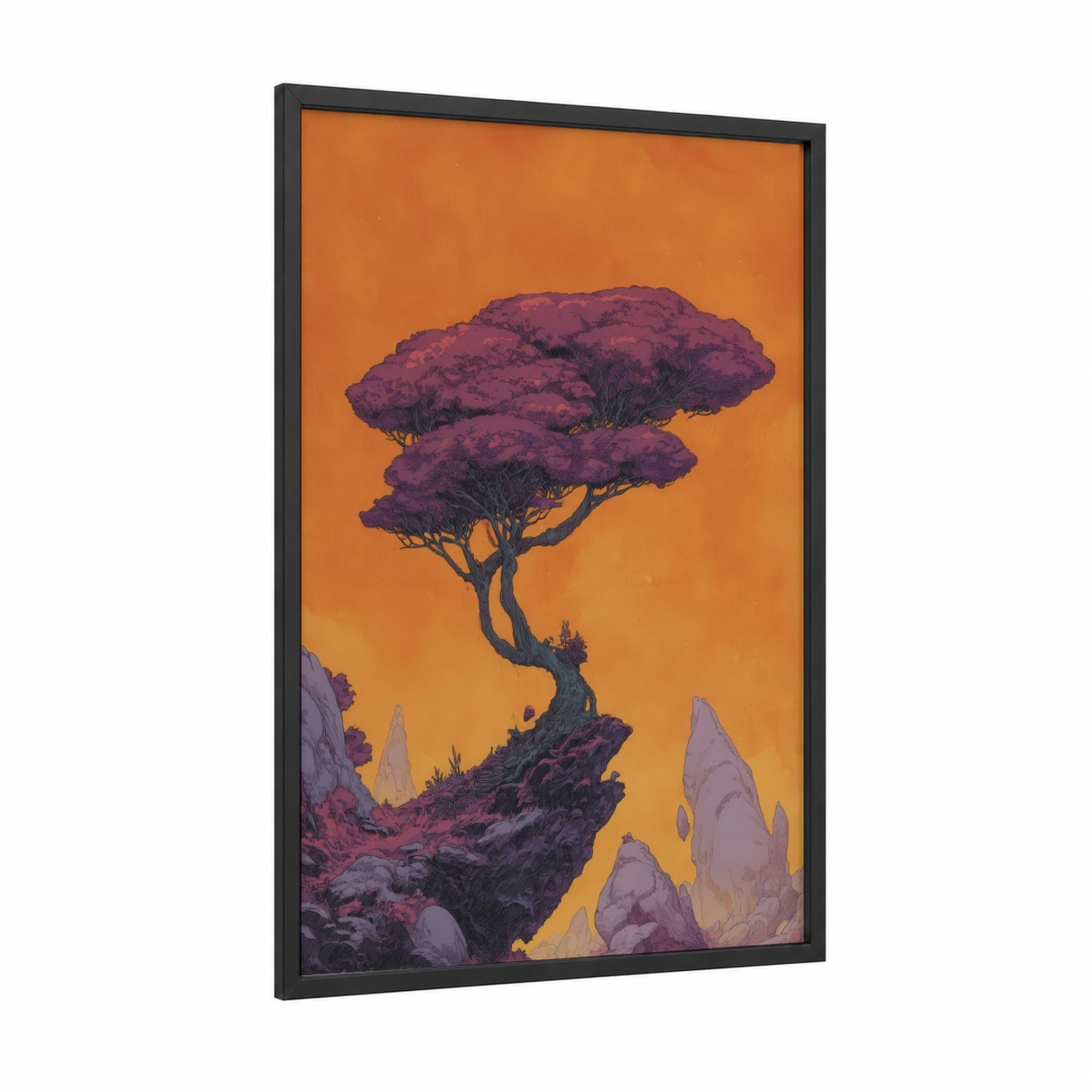 Golden Acacia framed savanna and desert trees print — black wood frame — orange and maroon palette