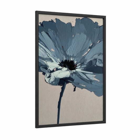 Slate Blossom framed abstract flower print — black wood frame — dark blue and gray palette