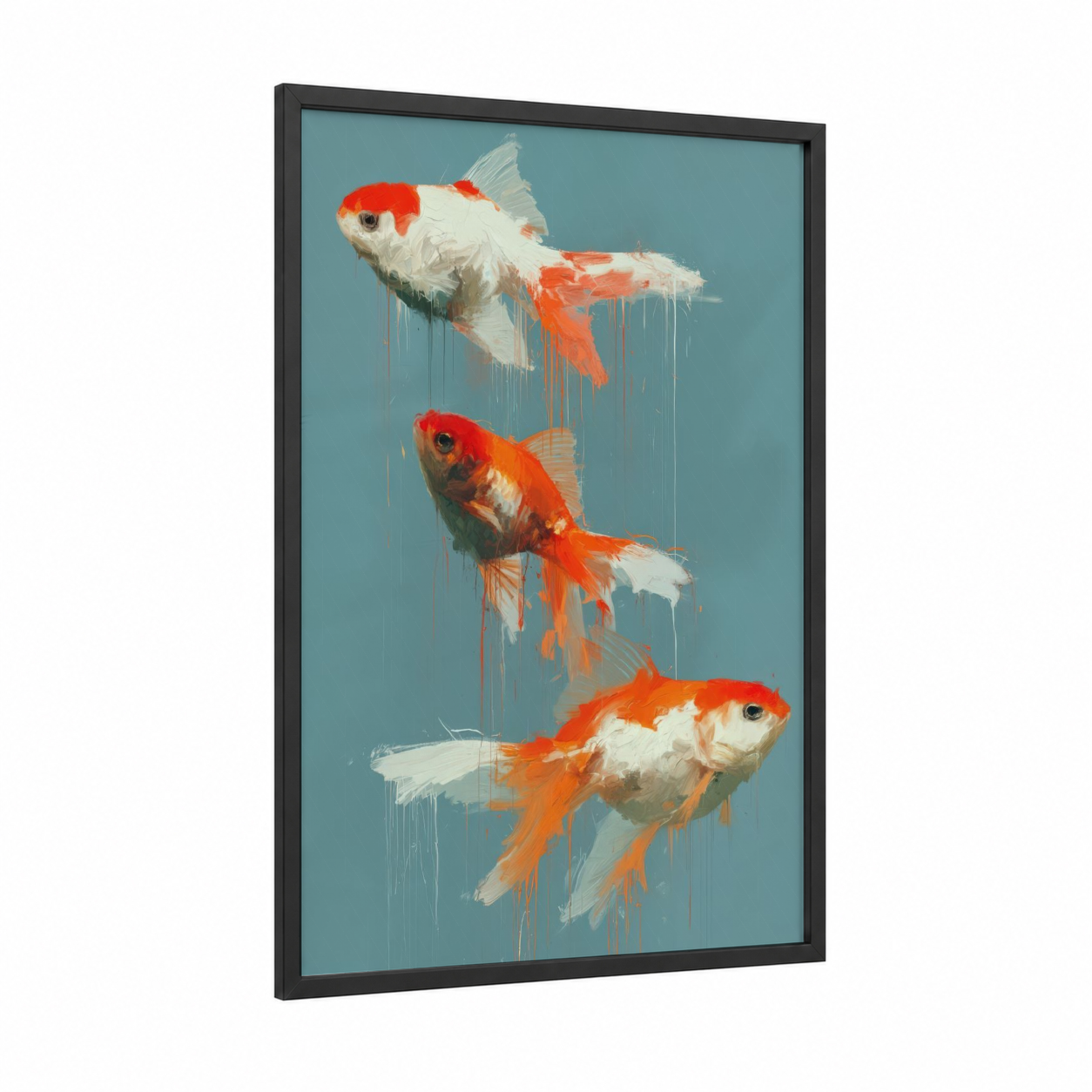 Crimson Watercolor Goldfish framed art print — black wood frame — red and blue and white palette
