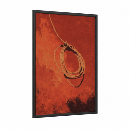 Crimson Rope Loop framed rope knots print — black wood frame — red and gold palette