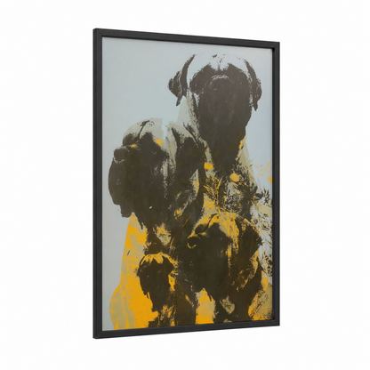 Golden Mastiff framed art print — black wood frame — gold and black palette