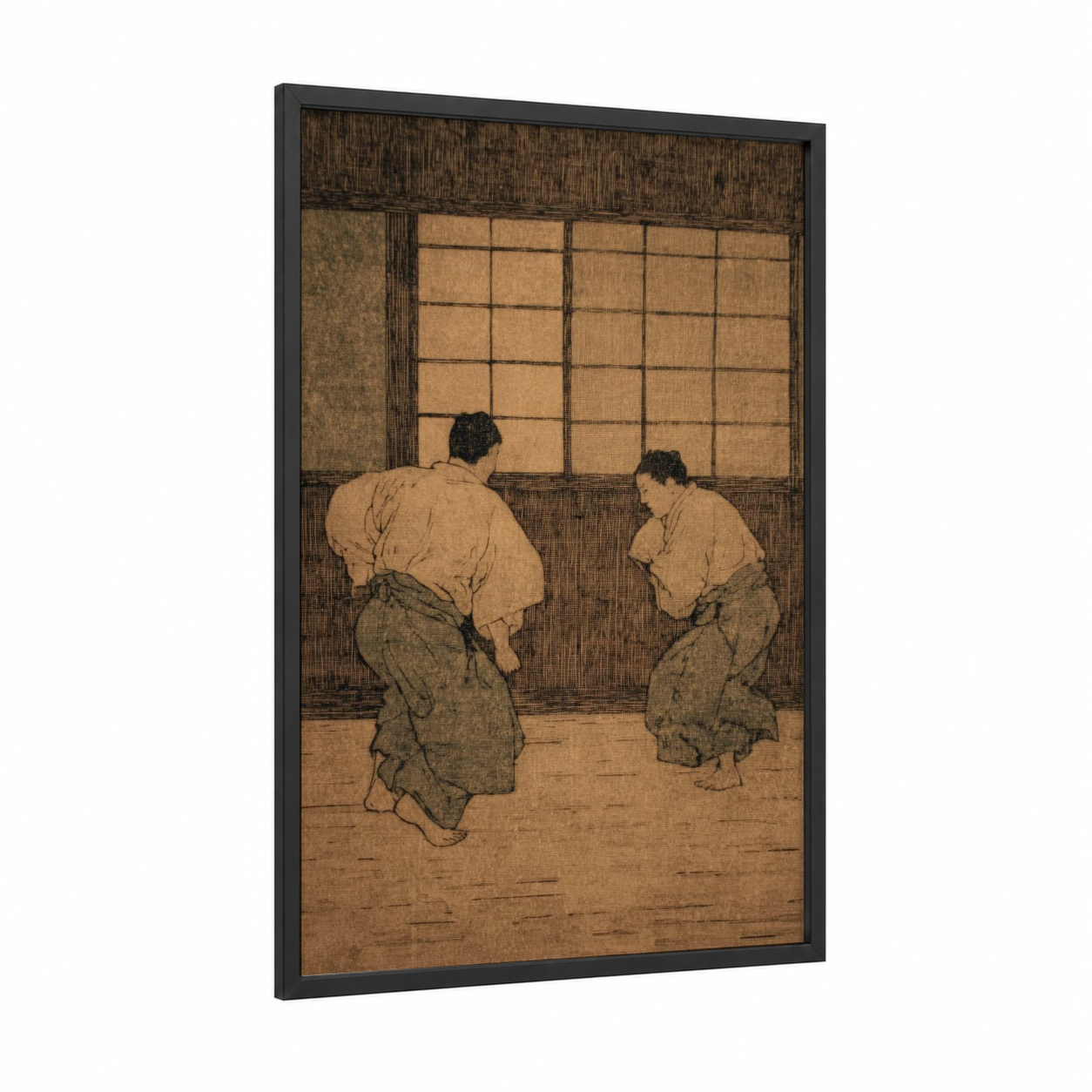 Sumo Wrestlers Bout framed wrestling print — black wood frame — brown palette