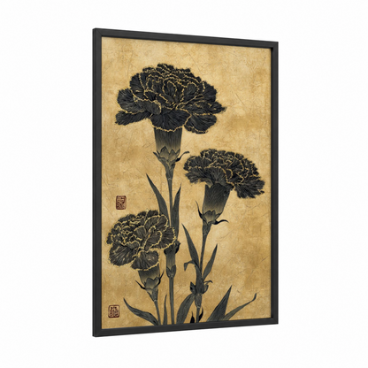 Black Carnations Study framed art print — black wood frame — black and white and champagne gold palette