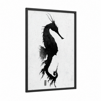Ethereal Seahorse framed sea horse print — black wood frame — black and white palette