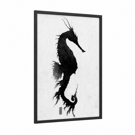 Ethereal Seahorse framed sea horse print — black wood frame — black and white palette