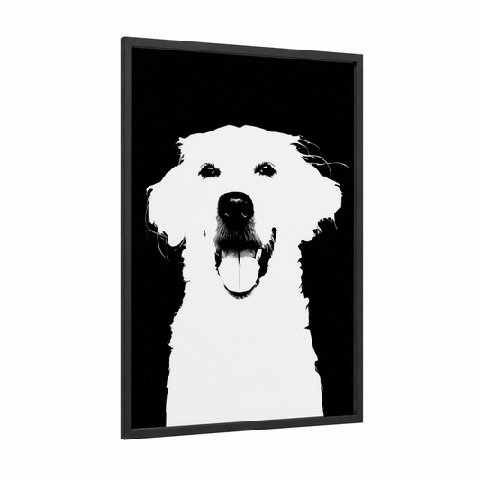 Happy Retriever Portrait framed art print — black wood frame — black and white palette