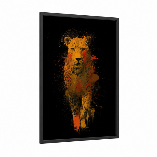 Crimson Leopard framed art print — black wood frame — gold and red palette