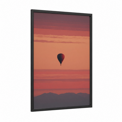 Sunset Ascent framed hot air baloon print — black wood frame — salmon pink and peach palette