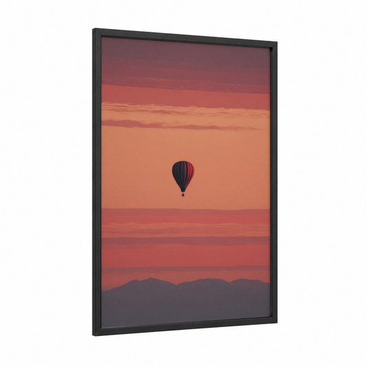 Sunset Ascent framed hot air baloon print — black wood frame — salmon pink and peach palette