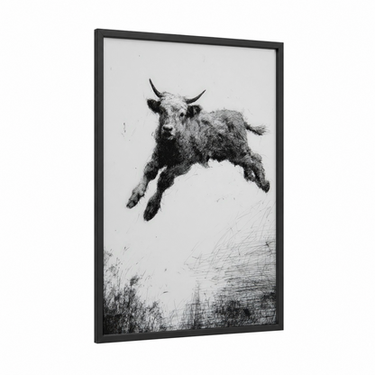 Leaping Highland Cow framed art print — black wood frame — black and white palette