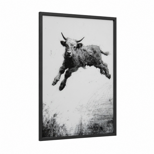 Leaping Highland Cow framed art print — black wood frame — black and white palette