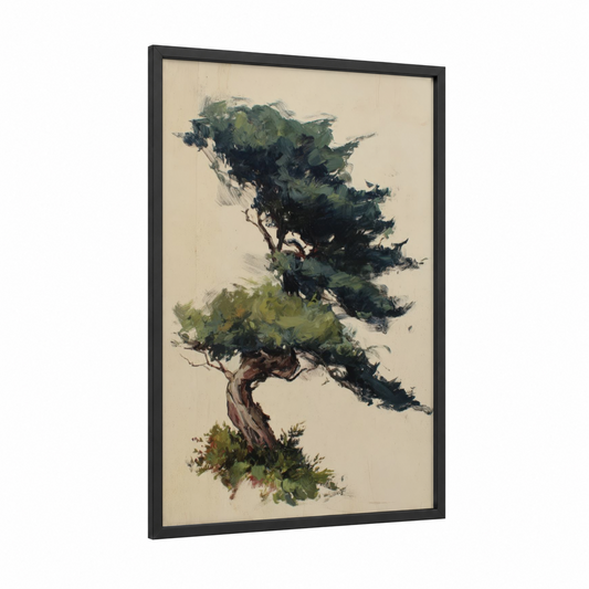 Windswept Bonsai framed bonsai tree print — black wood frame — dark green and beige palette