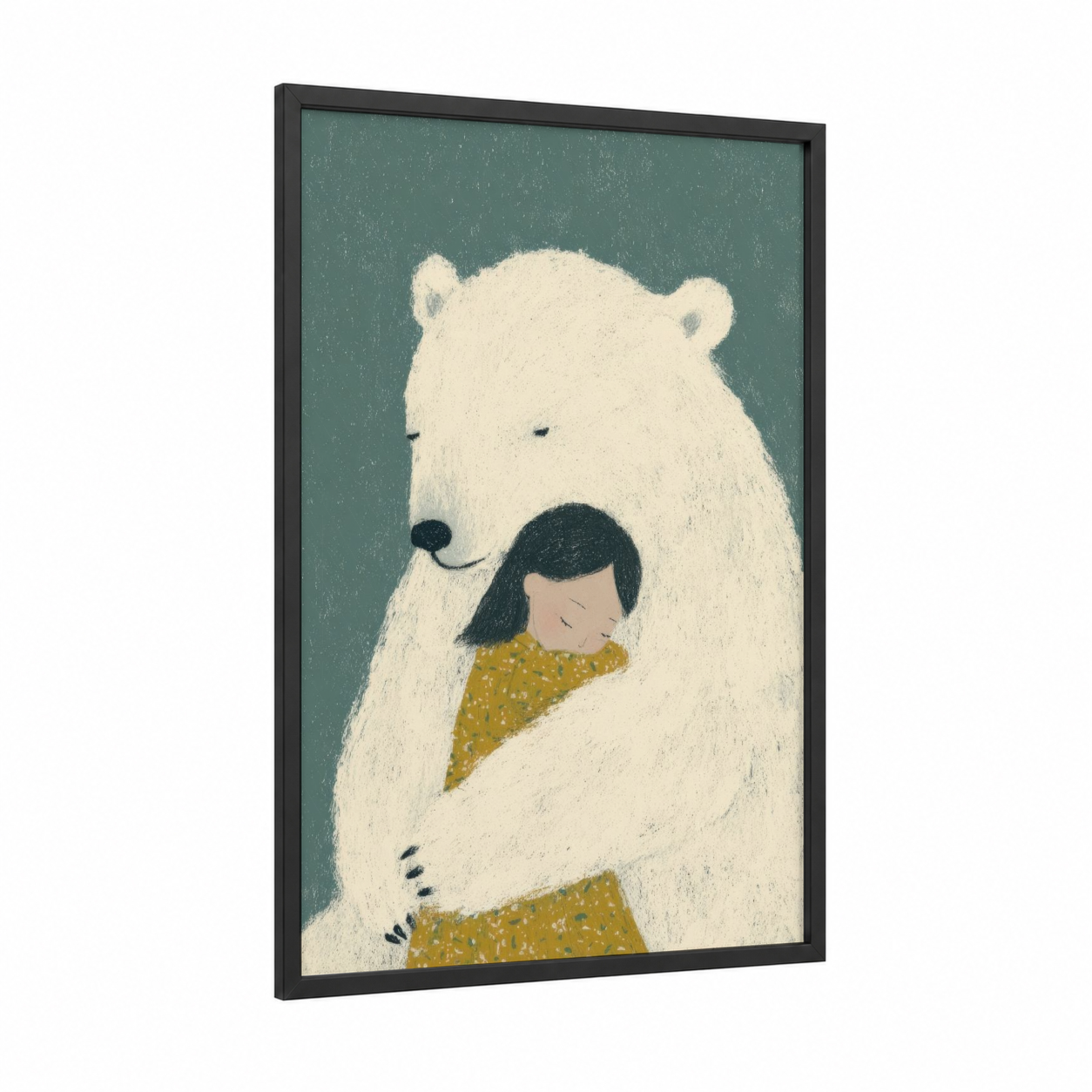Polar Bear Embrace framed art for girl print — black wood frame — sage green and cream palette