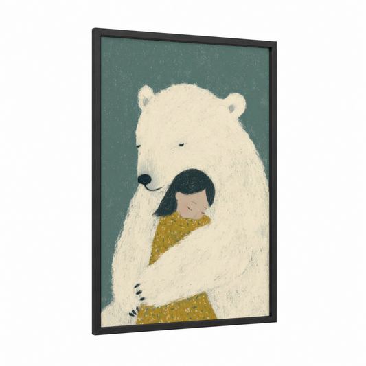 Polar Bear Embrace framed art for girl print — black wood frame — sage green and cream palette