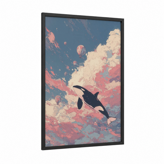 Dreaming Orca framed orca whale print — black wood frame — cream and salmon pink palette